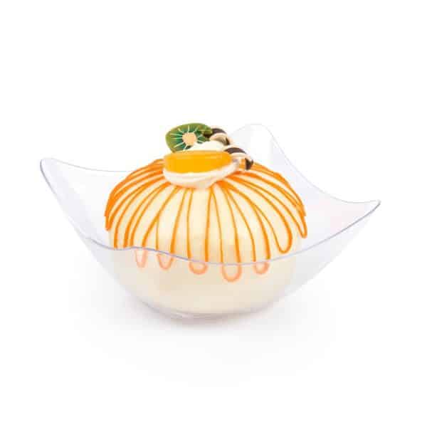 Clear plastic mini ridged umbrella appetizer dish for catering and bulk food service